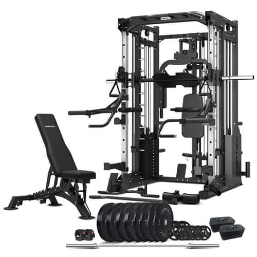 Health and fitness equipment including a home gym, weight bench, and weights for strength training.