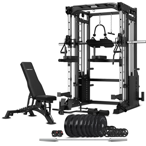CORTEX SM-25 25 6-in-1 Power Rack With Smith & Cable Machine + Bn-9 Bench + 130Kg Olympic Bumper Weight Plate & Barbell Package