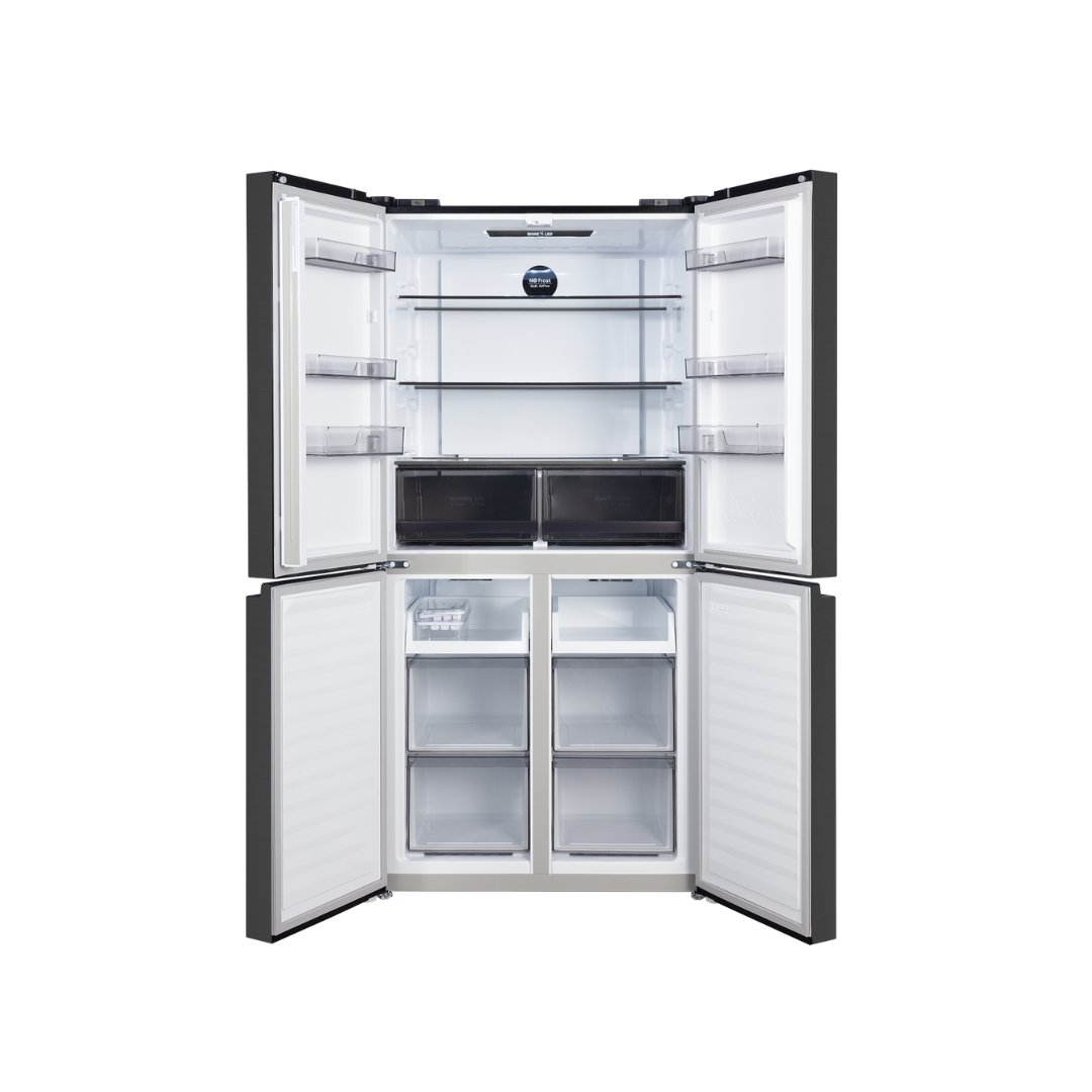 CHiQ 503L Quad Door Fridge Black Steel CCD502NBS with doors open