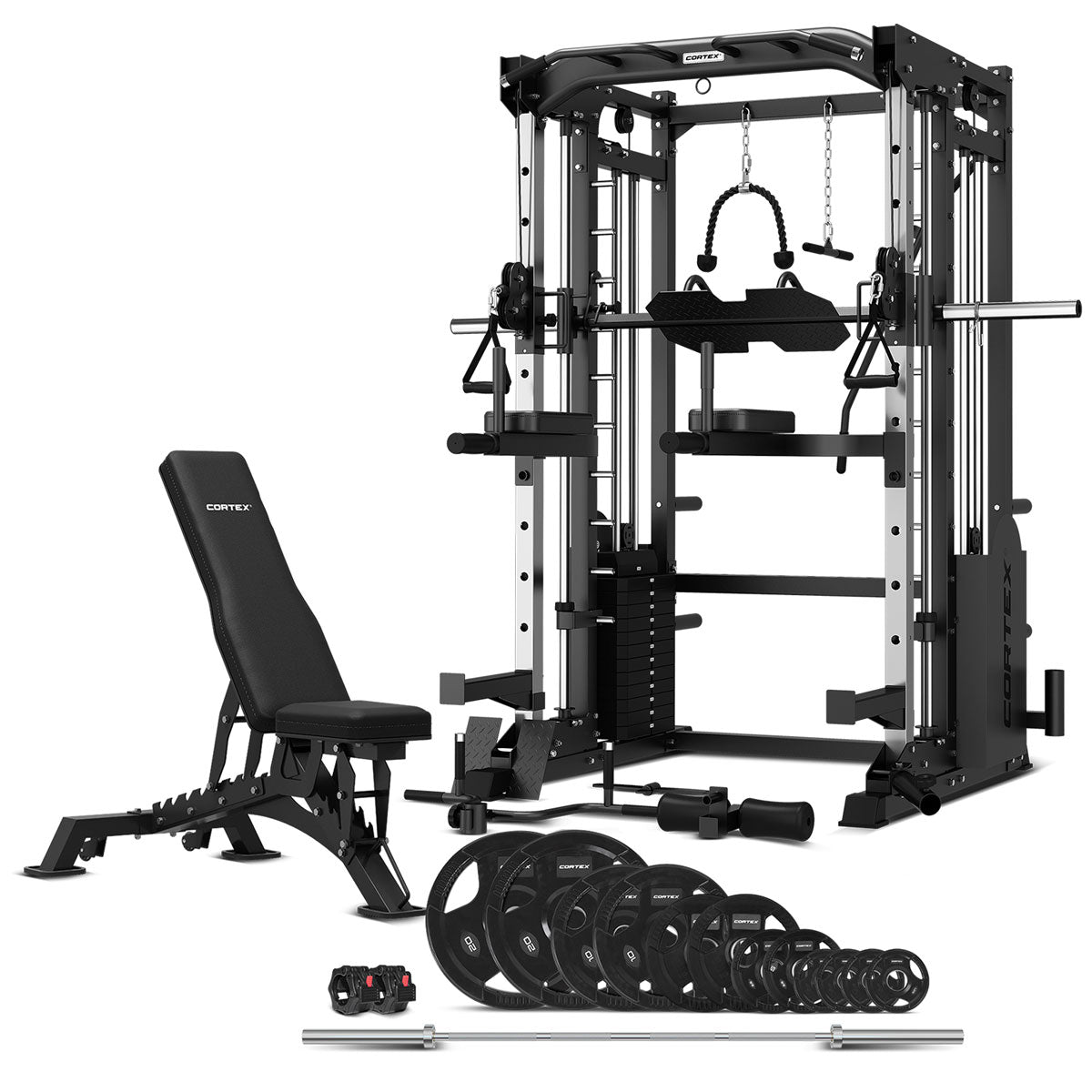 CORTEX SM-25 6-in-1 Power Rack with Smith & Cable Machine + BN9 Bench + 100kg Olympic Weight Plate & Barbell Package