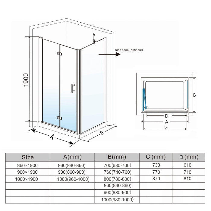 Frameless Bifold Pivot Shower Screen Shower Enclosure 860-1000mm
