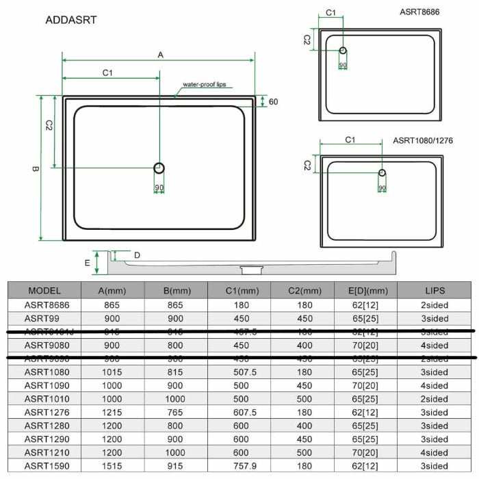Rectangular Square Shower Screen Base Acrylic Various Sizes