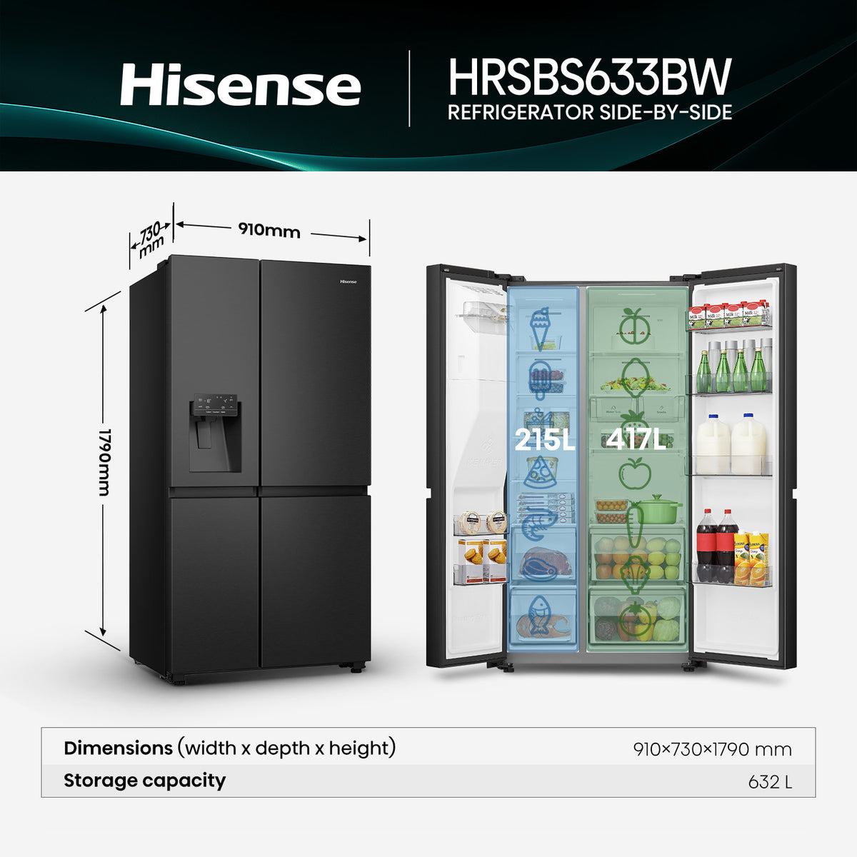 Hisense 632L Side by Side Fridge Black HRSBS633BW