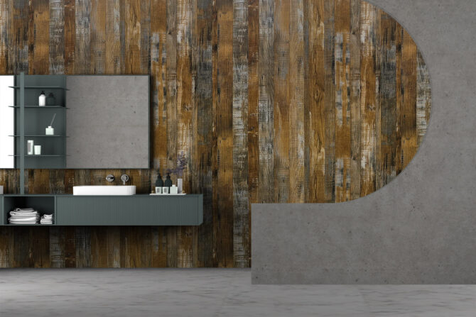 Reclaimed Oak wood look bathroom wall panels