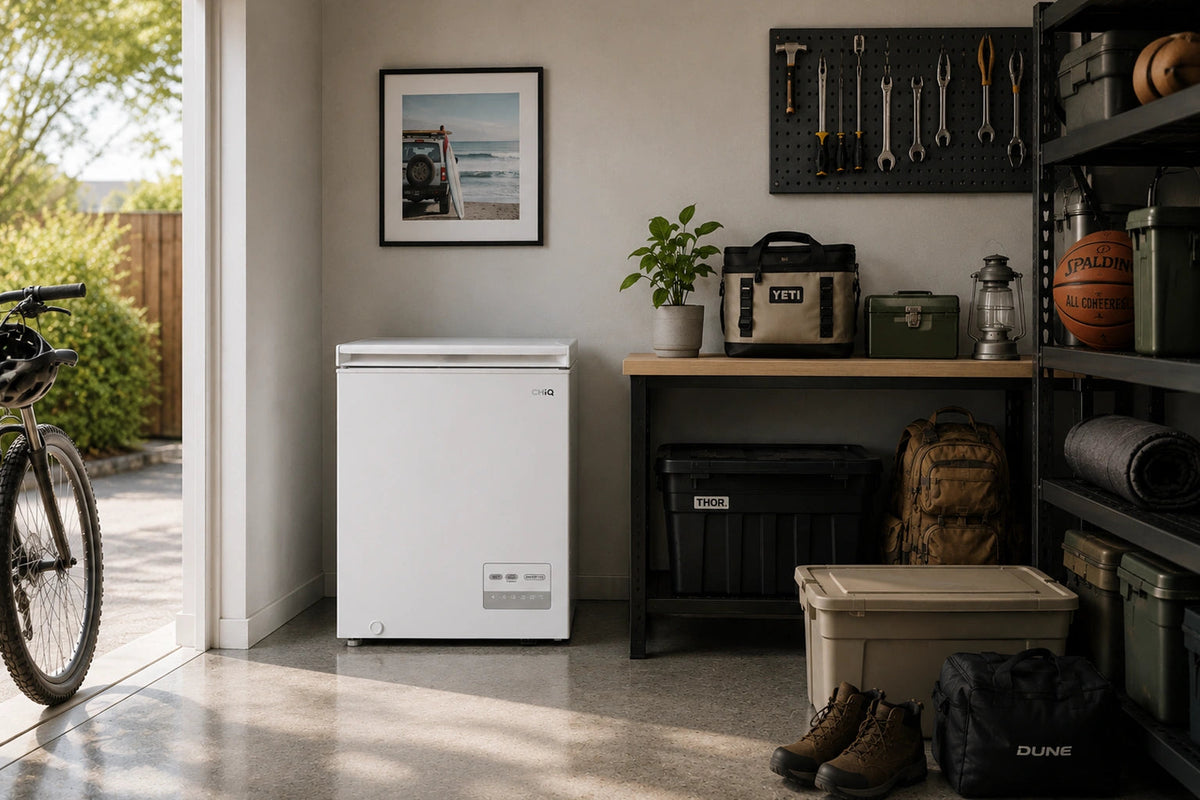 CHiQ CCF146WE white chest freezer in a utility room