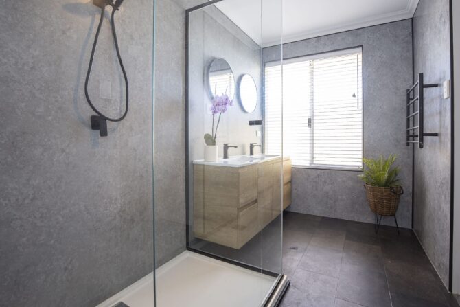 Concrete look shower wall panels