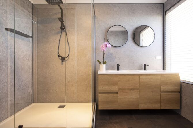 Concrete wet wall bathroom installation