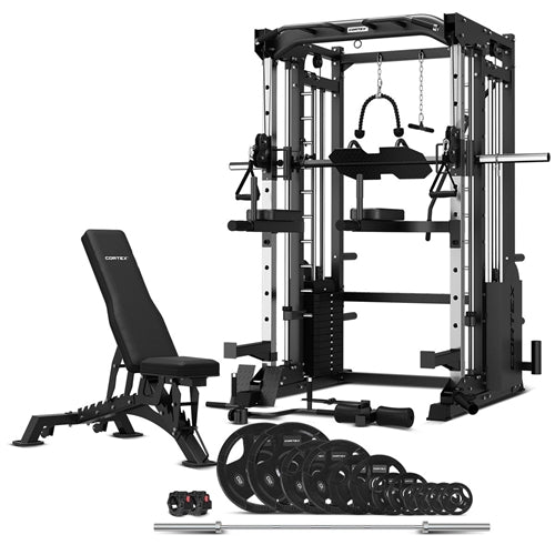CORTEX SM-25 6-in-1 Power Rack with Smith & Cable Machine + BN9 Bench + 100kg Olympic Weight Plate & Barbell Package
