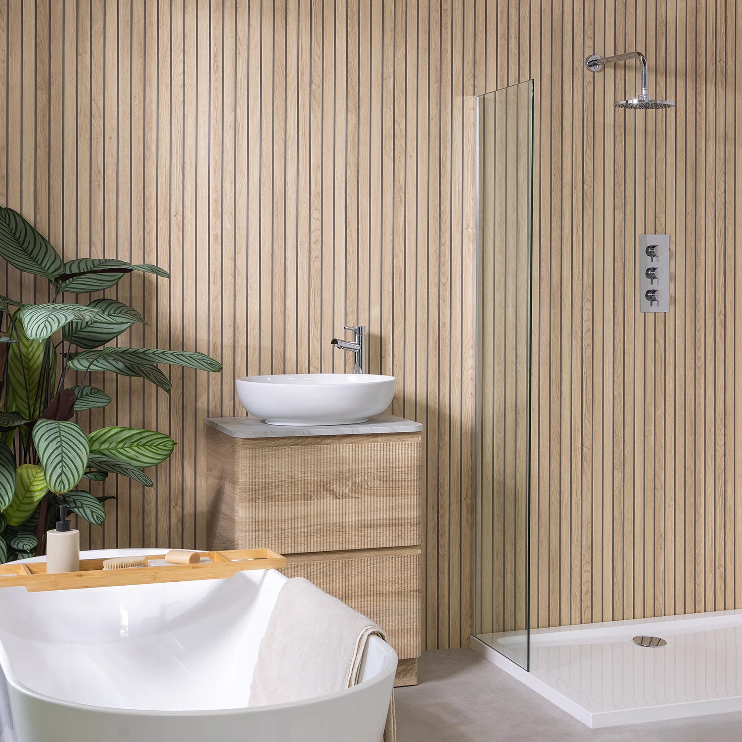 Scandia Light Oak Wet Wall Panel shower and vanity